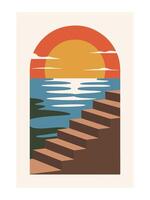 Terraced Steps and Setting Sun - Abstract Boho Wall Art , Retro home decor illustration, minimalist Wall art vector