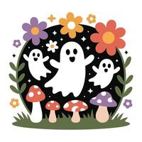 Harvest Ghost Friends illustration - Fall Autumn Clipart, Retro Boho Autumn design sublimation, Happy Fall season vibes vector