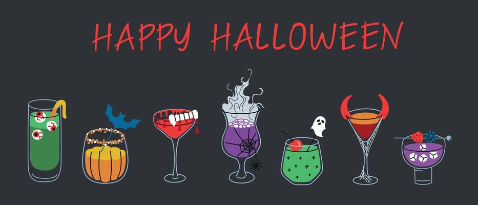 Flat cartoon illustration of Halloween cocktail collection with spooky drinks, creepy garnishes and handwritten Happy Halloween lettering. Themed beverages for party decor, celebration graphics