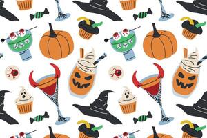 Colorful Halloween pattern with drinks and treats vector