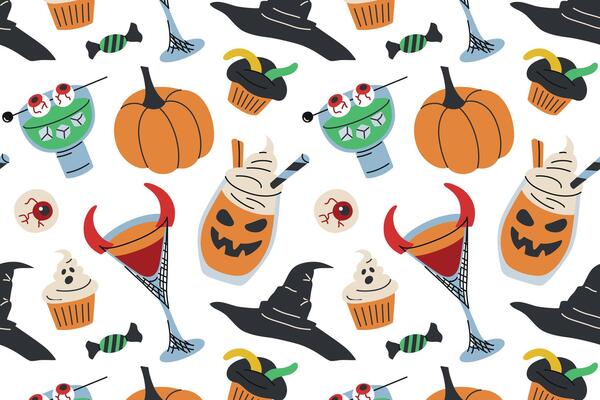 Flat cartoon illustration pattern with spooky Halloween cocktails, party drinks, scary treats, witch hat and pumpkin. Seamless design for holiday decor, celebration, kids and adult parties