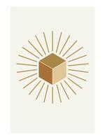 Hollow Cube with Sunburst Rays - Abstract Boho Wall Art , Retro home decor illustration, minimalist Wall art vector