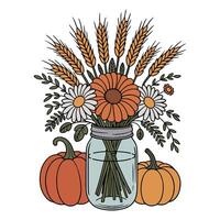 Pumpkin Bouquet illustration - Fall Autumn Clipart, Retro Boho Autumn design sublimation, Happy Fall season vibes vector