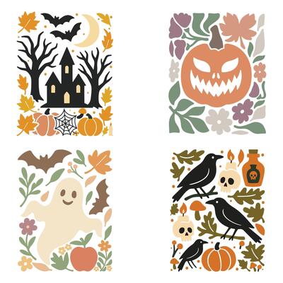 collection of Retro Autumn Fall illustration, Boho Halloween Autumn season vibes, Happy Fall Design Sublimation