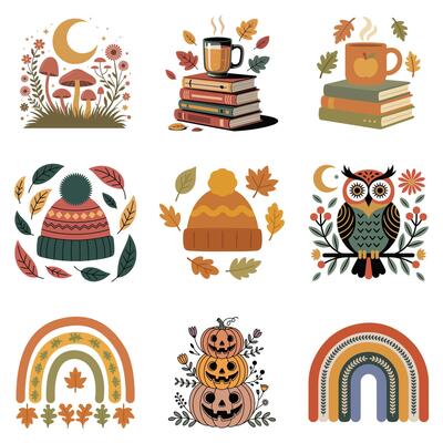 Fall Autumn Clipart, Retro Boho Autumn design sublimation, Happy Fall season vibes pack