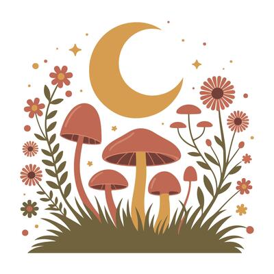 Moonlit Mushrooms illustration, Fall Autumn Clipart, Retro Boho Autumn design sublimation, Happy Fall season vibes
