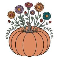 Wildflower Pumpkin illustration, Fall Autumn Clipart, Retro Boho Autumn design sublimation, Happy Fall season vibes vector