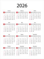 Calendar 2026 year. Week starts on Sunday vector