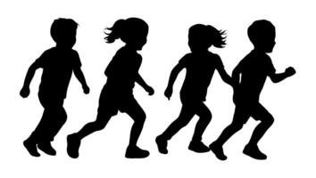 Kids running silhouettes, children in silhouette running side by side, children playing and activity vector