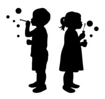 Kids blowing soap bubbles, child blows soup foam and make bubbles, little boy and girl blowing to make many bubbles vector