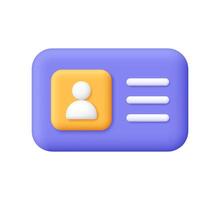 Purple Id card, identity badge, driver license with user profile icon. Business, security, identity, authentication and employee badges concept. 3d icon. Cartoon minimal style. vector