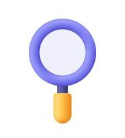 Purple magnifier, magnifying glass with yellow handle. Discovery, research, search, analysis and investigation concept. 3d icon. Cartoon minimal style. vector
