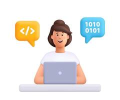 Programmer at laptop with code bubbles vector