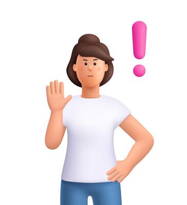 Serious woman Jane raising her hand in a stop gesture with a pink exclamation mark. Warning, alert, refusal and attention concept. 3d people character. Cartoon minimal style.