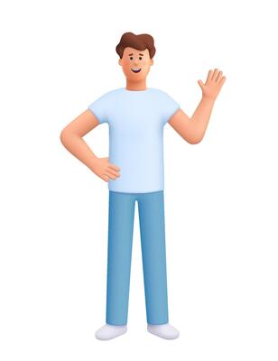 Young smiling man James standing with greeting waving gesture and with hands on her hips. 3d people character. Cartoon minimal style.