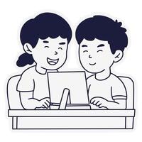 Girl and boy doing homework together on computer illustration vector