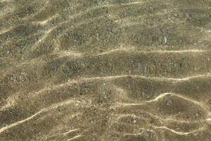 The image captures a clear, shallow body of water gently flowing over a sandy seabed. Sunlight creates delicate ripples and patterns, emphasizing the natural textures below. photo