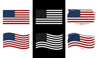 American flag set. USA Flag waving, flat, and grunge set. Isolated on white and black color. vector