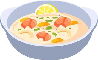 Creamy shrimp soup featuring fresh vegetables, aromatic herbs, and a zesty lemon slice, served in a bowl, creating a comforting and flavorful meal perfect for any occasion vector