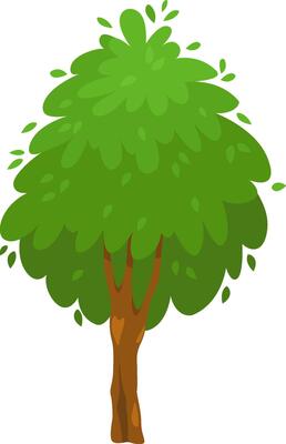 Cartoon tree with lush green foliage and brown trunk, creating a vibrant and whimsical illustration against a clean white backdrop, perfect for nature themed designs
