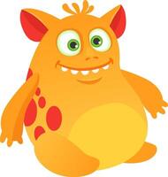 Cartoon illustration featuring a cheerful orange and yellow monster with large green eyes, oversized ears, and playful red spots, happily sitting on the floor against a white background vector