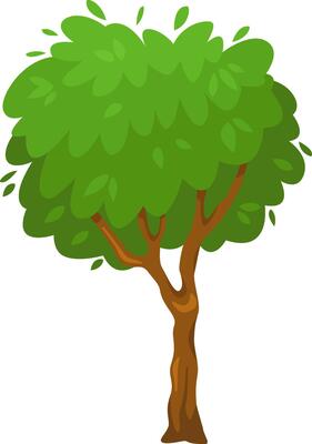 Cartoon tree featuring lush green foliage and a sturdy brown trunk, creating a vibrant and whimsical nature illustration set against a clean white backdrop, perfect for various design projects