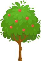 Cartoon illustration of a lush green tree with ripe red apples growing on its branches, set against a white background, perfect for children's books or educational materials vector