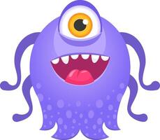 Funny purple cartoon monster with one big yellow eye, tentacles, showing its tongue and smiling, ideal for children's illustrations or fantasy projects vector