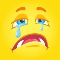 Cartoon illustration of a yellow face with blue eyes, crying with blue tears, open mouth and sad expression, representing sadness and sorrow on a yellow background vector