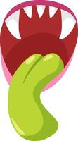 Cartoon illustration featuring a terrifying monster with wide open jaws, revealing a large green tongue and sharp white teeth, perfect for Halloween themed projects and designs vector