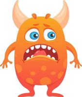 Funny, surprised orange cartoon monster with big eyes, playful horns, and an open mouth sticking out its tongue, making it perfect for children's illustrations and whimsical designs vector