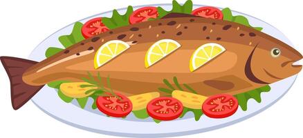 Grilled fish is served on white plate decorated with lemon slices. Potato wedges. Tomato slices. Rosemary sprigs and lettuce leaves. Creating a visually appealing and delicious culinary presentation vector