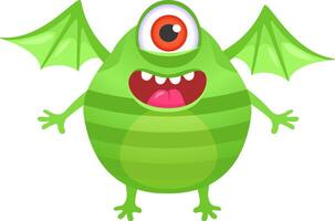 Funny green cartoon monster with one big red eye, bat wings and big smile with tongue out, isolated on white background is laughing out loud vector