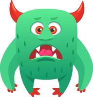Funny green cartoon monster with vibrant red horns and oversized eyes, roaring and displaying sharp teeth and a playful tongue, perfect for children's illustrations and whimsical designs vector