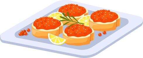 Four canapes with red caviar are served on a square plate, garnished with lemon slices and a sprig of rosemary, creating an appetizing presentation vector