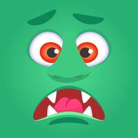 Funny cartoon monster face showing fear with open mouth, red eyes and furrowed brows, ideal for halloween projects or children illustrations vector