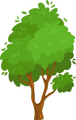 Cartoon illustration featuring a vibrant green tree with a sturdy brown trunk, showcasing leaves gently falling and creating a serene, natural scene filled with tranquility and beauty