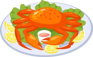 Cooked crab resting on a bed of fresh lettuce, accompanied by vibrant lemon slices and a flavorful sauce on a white plate, creating an inviting seafood dining experience vector