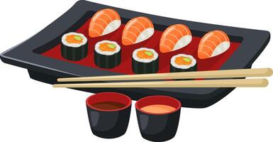 Freshly made sushi pieces and nigiri with salmon are served on a sleek black plate. Accompanied by chopsticks and small bowls containing soy sauce and spicy mayo. Creating an enticing culinary scene vector