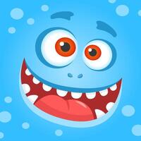 Cartoon illustration of a funny blue monster face smiling, showing big mouth with tongue and googly eyes, on a blue dotted background, ideal for children projects vector