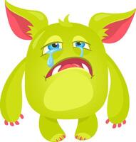 Whimsical illustration presents a light green cartoon monster, its large, expressive eyes welling up with blue tears as they stream down its face, conveying a sense of sadness and dejection vector