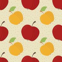Apples and dots flat seamless pattern. Eco farming fruit with spots and leaves. Autumn harvest. Trendy juice repeat illustration. vector