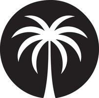 A stylized black and white illustration of a palm tree within a circular frame. The design is simple, bold, and perfect for logos, icons, or tropical-themed projects. vector