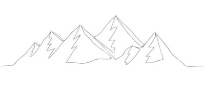 One continuous line drawing of mountain range landscape. Web banner with mounts in simple linear style. Travel to the mountains, skiing concept isolated on white background. Doodle illustration vector