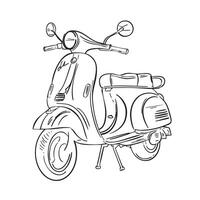 Retro scooter hand drawn ink line art, moped engraved illustration isolated on white. Italy summer concept vector