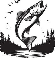 Bold Black and White Illustration of a Leaping Salmon in Wilderness vector