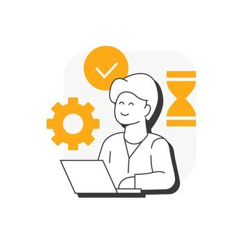 empleado productividad plano contorno concepto icono. tarea gestión, Tarea múltiple. eficiencia aumentar. flujo de trabajo organización. moderno línea ilustración con naranja glifos. conceptual visual. fácil a editar vector