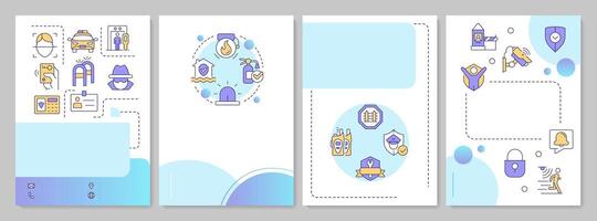 Physical security blue circle brochure layout. Deny unauthorized access to facilities. Leaflet advertising design with color line icons. Editable 4 pages vector