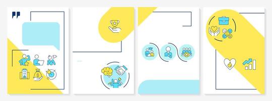 Job satisfaction benefits blue and yellow brochure layout. Workflow organization. Leaflet advertising design with color line icons. Editable 4 pages vector