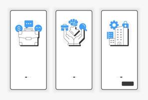 Job attitude mobile onboarding screen. Teamwork organization. Corporate culture. UX UI illustration. Flat outline style icons with blue accent vector